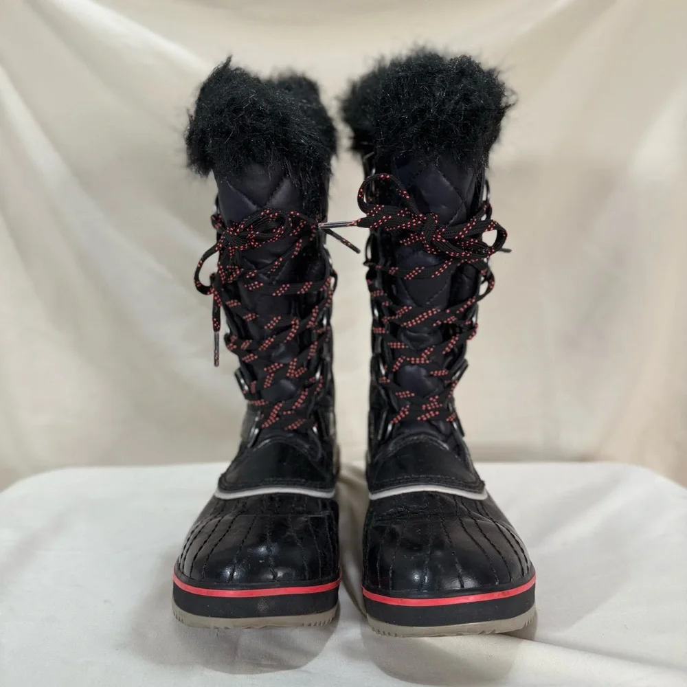 Sorel Tofino Cate Boots Sz 7 Black Faux Fur Waterproof Winter Après Ski Gorpcore